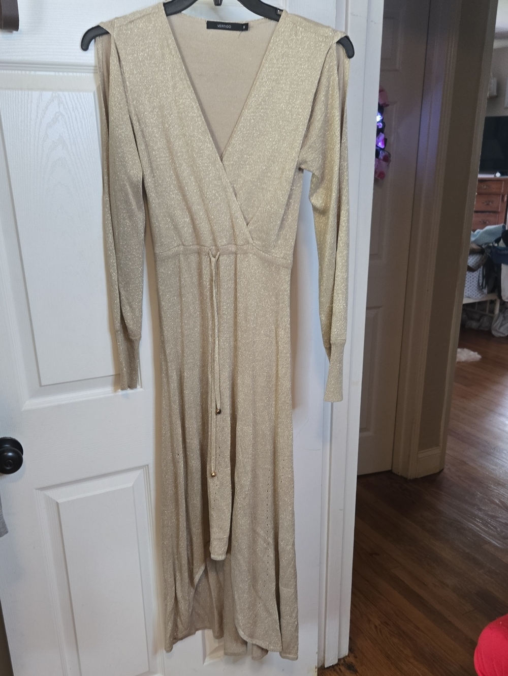 Long Sleeve Metallic Cream Wrap Maxi Dress with Drawstring Waist